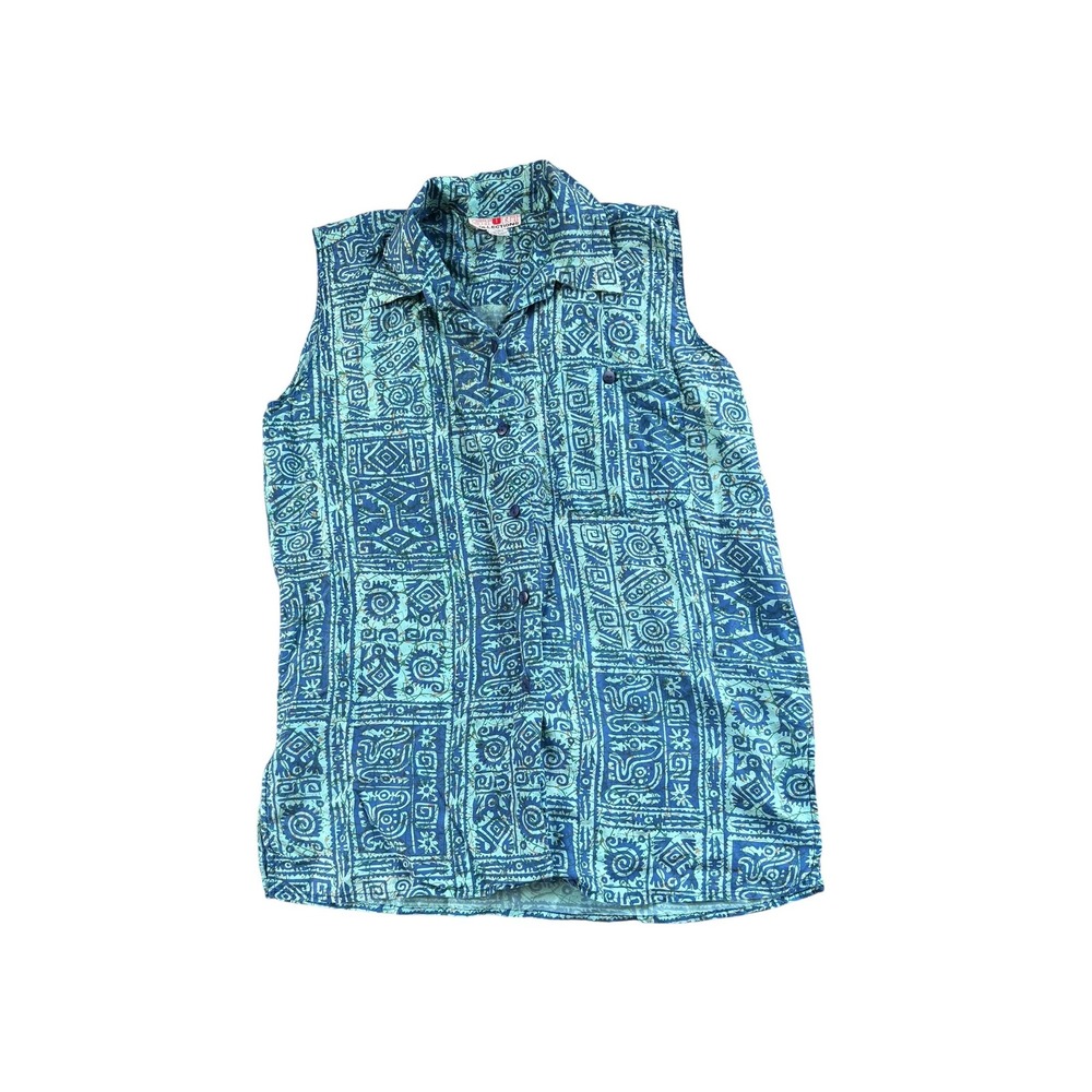 Vintage 100% Silk Sleeveless Button Down Women Large Teal Blue Stunt Collections